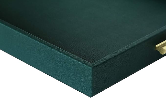 HofferRuffer Extra Large Serving Tray with Handles, Elegant Faux Leather Storage Decorative Tray for Coffee Table, Ottoman, Console Table (Green Tray+Golden Handle)