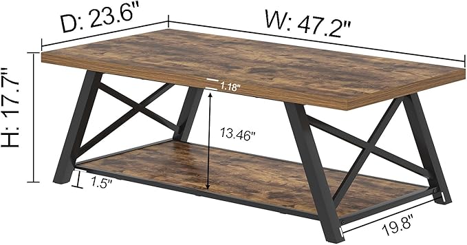 EXCEFUR Modern Coffee Table, Wood and Metal Living Room Center Table with Storage Shelf, Industrial Rectangle Cocktail Tea Table, Rustic Brown, 47 Inch