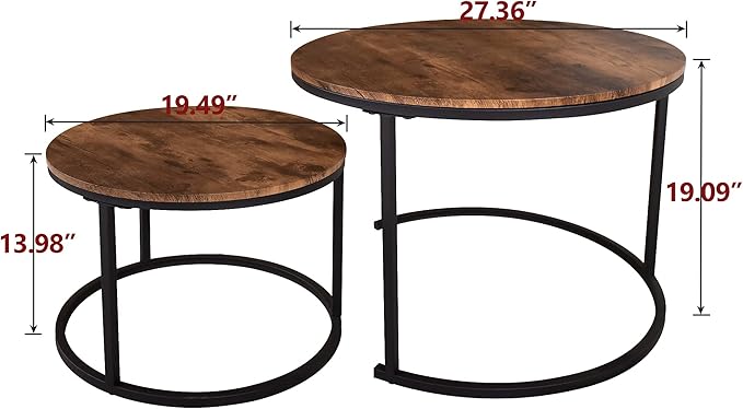 HOJINLINERO Industrial Round Coffee Table Set of 2 End Table for Living Room,Stacking Side Tables, Sturdy and Easy Assembly,Wood Look Accent Furniture with Metal Frame,Black+Rustic Brown