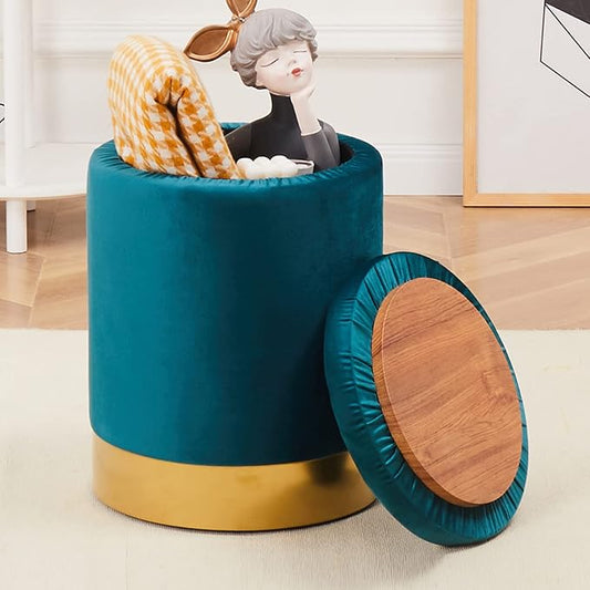 Mxfurhawa Velvet Storage Ottoman Multipurpose Footrest Stool with Metal Base Modern Round Vanity Stool Chair Ottoman Foot Stools Support 300 lbs Padded Seat for Living Room (Blue Green)