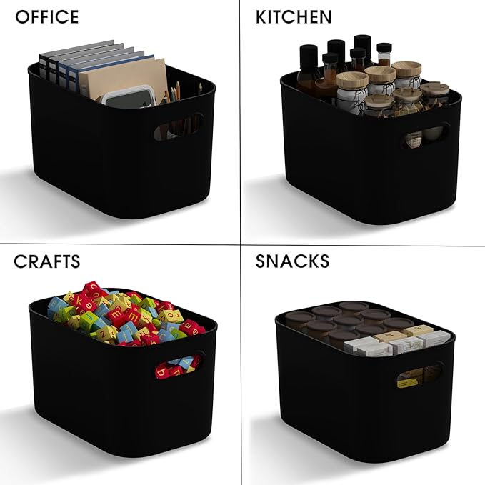 10 Pack Black Plastic Storage Bins, Storage Container for Organizing, Storage Boxes with Handle for Shelves, Cute Organizer Bins for Craft, Snacks, Pantry, Cabinet, 9.69x6.7x5.7 inch