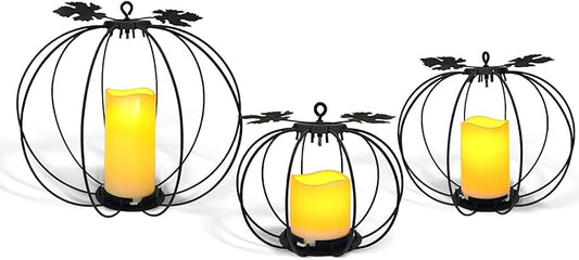 Halloween Light Up Pumpkin Lantern, 3 Pcs Metal Black Pumpkin Candle Holders with Timer Flickering Yellow LED Candle Lights for Thanksgiving Halloween Harvest Fall Home Decor