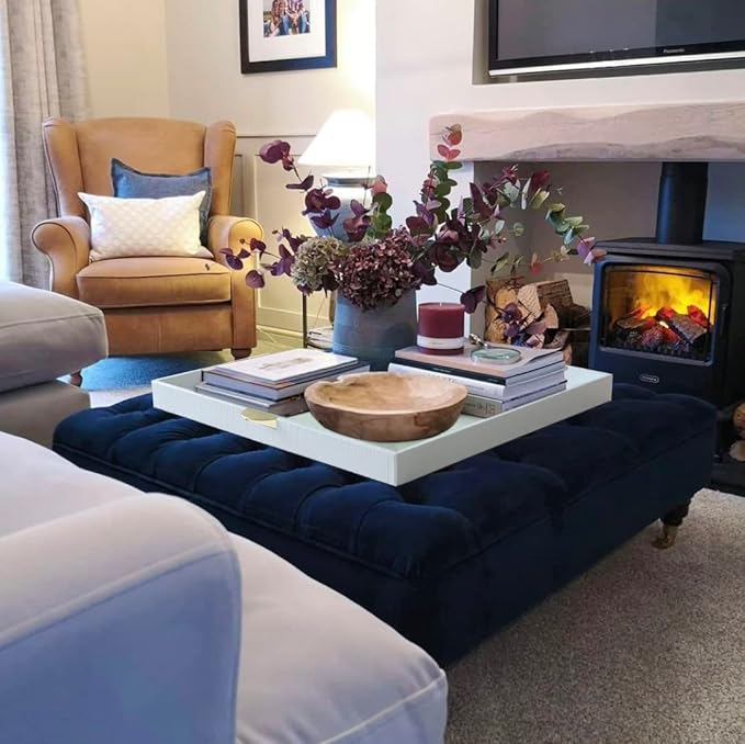 HofferRuffer Extra Large Square Serving Tray, Elegant Faux Leather Ottoman Tray with Gold Hardware Handles, Serve Tea, Coffee or Breakfast in Bed, 23.6 x 23.6 inches, White Large Square