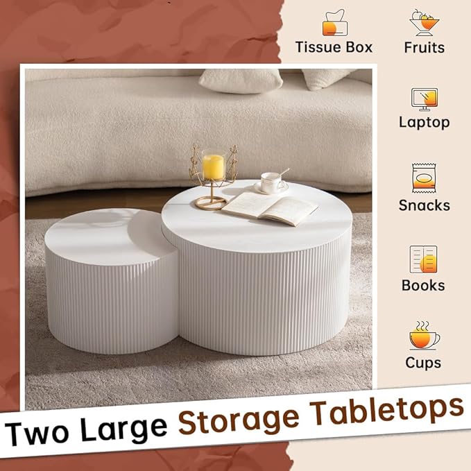 Round Nesting Coffee Table Set of 2 Modern Cream Fluted Coffee Table Small Round End Table Crescent Side Table Circular Coffee Tables Nested Coffee Tables for Living Room (Cream Large)