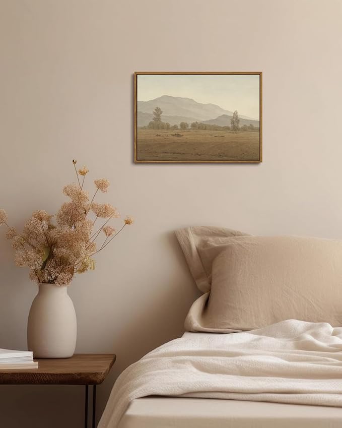 KISSFOX Vintage Landscape Framed Wall Art Grassland Mountain Canvas Wall Art Minimalist Neutral Farmhouse Serene Countryside Paintings Artwork Rustic Art Prints For Bedroom Living Room