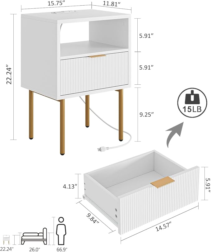 Masupu Nightstand with Charging Station,Mid-Century Modern Bedside Table with Storage Drawer and Open Wood Shelf,Small Gold Frame Side Table for Bedroom,Living Room (White)