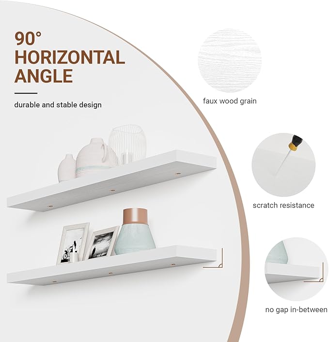 Heimlove Floating Shelves for Wall 48 Inches Long,9.3" Deep White Floating Shelf Set of 2,Wall Mounted Shelves for Bathroom Bedroom Living Room Kitchen Office,Shelf for Books Storage Room Decor