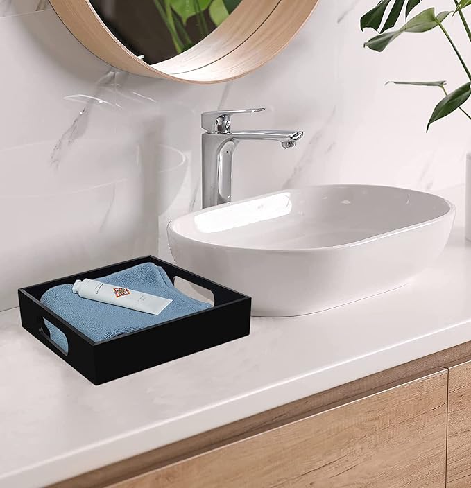 Acrylic Ottoman Tray with Handles - Remote Control Valet Tray, Black Nightstand Dresser or Bathroom Organizer - Spill Proof Square 12''x12'' (Black)