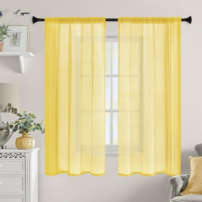 Sheer Curtains 72 Inches Long 2 Panels, Rod Pocket Short Curtain for Kitchen, Bedroom, Cafe Window(Yellow 38" W x 72" L)