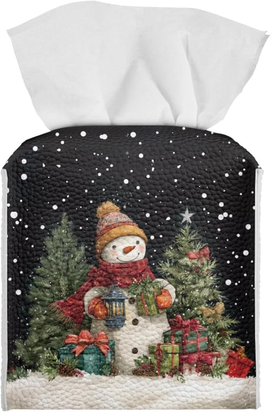 Christmas Tissue Box Cover Holder Square Facial Tissue Case Facial Paper Organizer Dispenser for Bathroom Bedroom Living Room Office Snowman PU Leather Napkin Boxes Covers