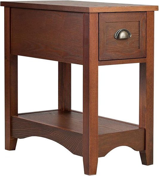 Giantex End Table with Drawer, Retro Narrow Side Table, Nightstand with Solid Wood & Stroage Shelf, Bedside Table for Living Room Bedroom Small Space Home Office (1, Walnut)