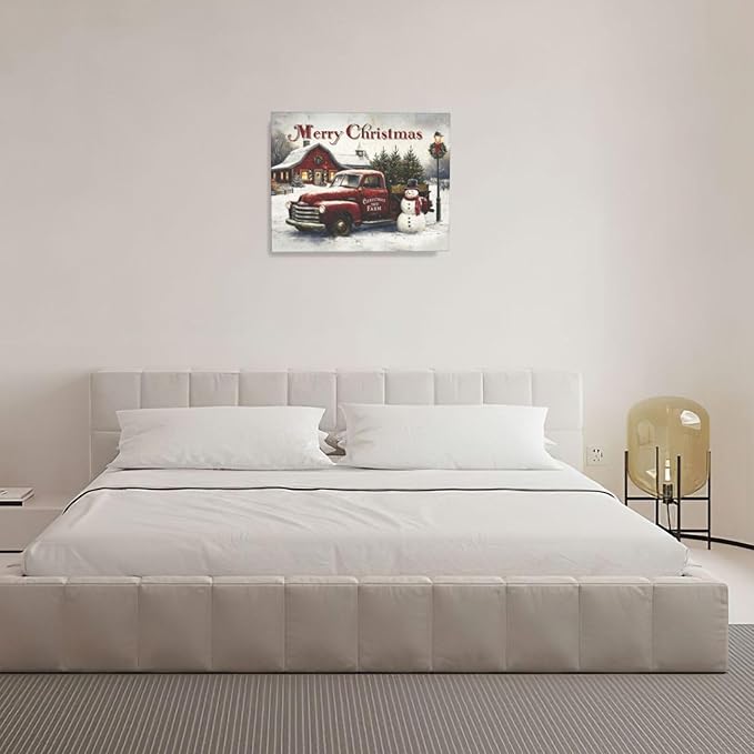 Christmas Pick-Up Truck Wall Art Christmas Tree Canvas Wall Decor Farm Barn Pictures Paintings Prints Snowman Artwork Framed Winter Holidays Decorations For Bathroom Bedroom Living Room Office Gifts 20" x 16"
