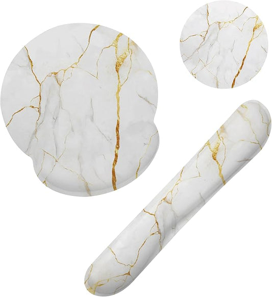 White Gold Flowing Marble Mouse Pad with Wrist Rest and Keyboard Wrist Rest Set, Non-Slip Rubber Base Memory Foam Mouse Pad Set for Women, Office Desk Accessories, Gaming