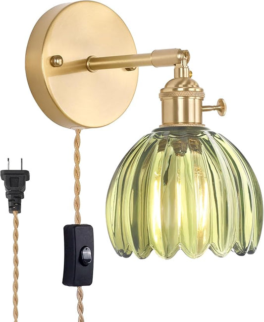 Plug in Wall Sconce, Green Tulip Glass Lampshade Wall Light Plugin Corded for Bedside Bedroom Doorway