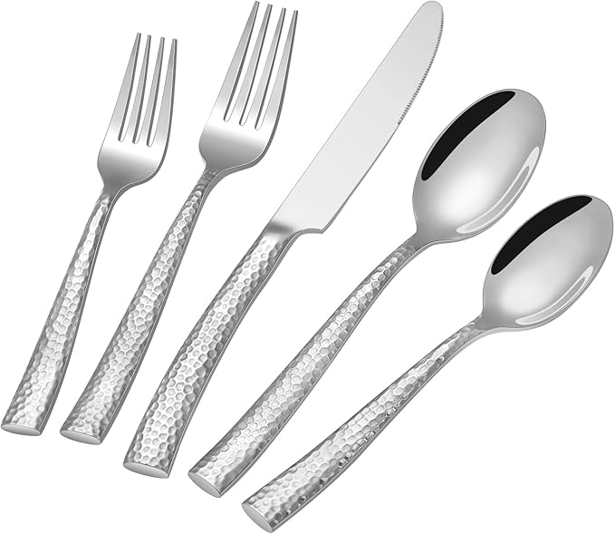 Hammered Silverware Set, Ollex 60-Piece Heavy Flatware Set for 12 Mirror Finished with Food-Grade Stainless Steel Spoons Forks Knives Dinning Utensils for Home Restaurant Cutlery Set, Dishwasher safe