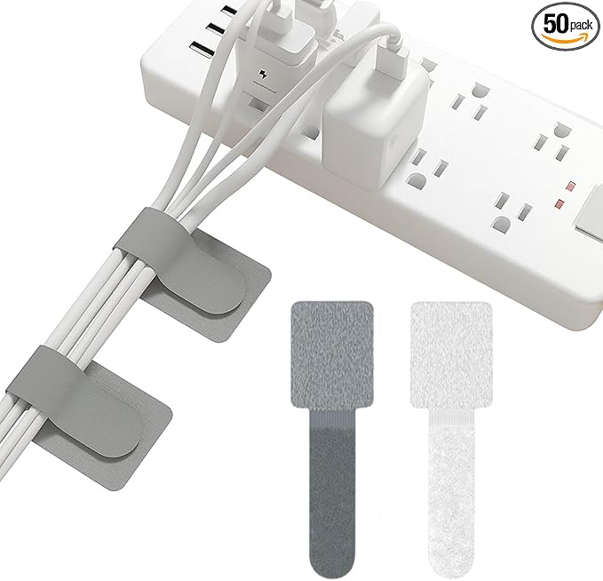 Hook and Loop Cable Straps, Cable Management Under Desk, Adjustable Cord Organizers for Desk, Self Adhesive Cable Ties, Cable Clip,Home Office Essentials, 50PCS (Black+Grey)