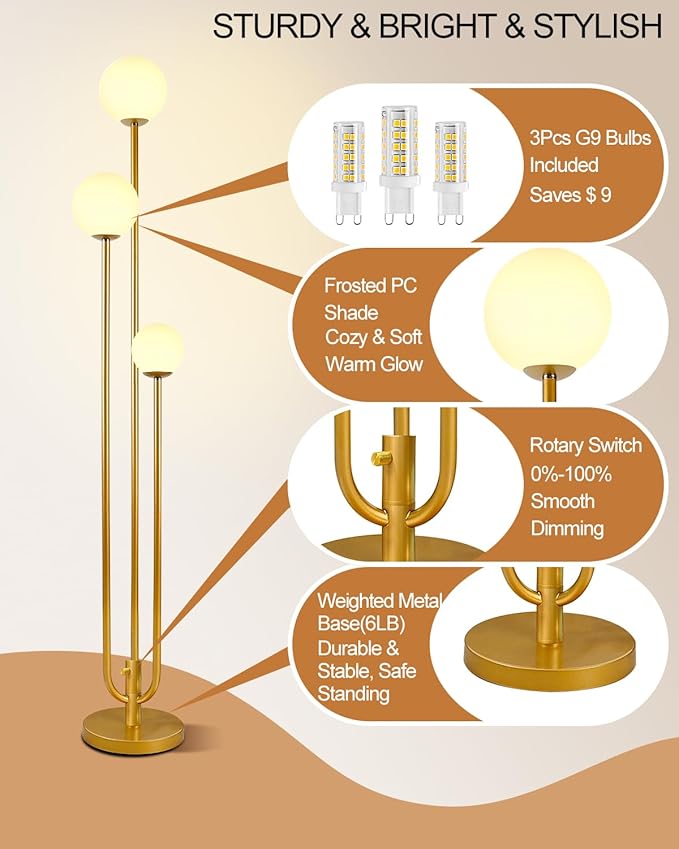 63IN 3-Light Dimmable Floor Lamp, Unique Candle Holder Style Gold Tall Standing Lamps with 3000K G9 Bulbs for Reading, Mid Century Modern Floor Lamp for Living Room Bedroom Home Office