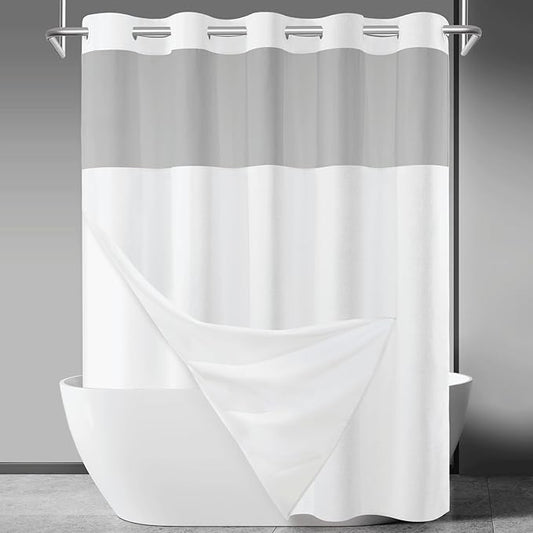 No Hook Slub Textured Shower Curtain with Snap in Liner - White Fabric Outer Curtain & Waterproof Inner Liner, Hotel Style with See Through Top Window, 71x86 in