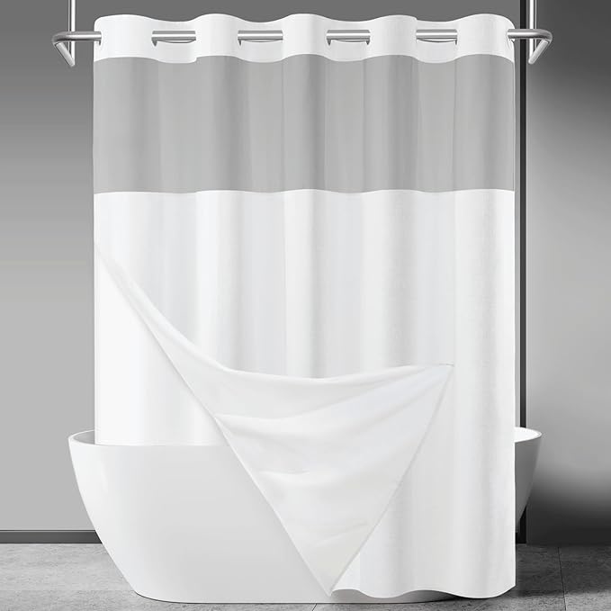 No Hook Slub Textured Shower Curtain with Snap in Liner - White Fabric Outer Curtain & Waterproof Inner Liner, Hotel Style with See Through Top Window, 71x74 in