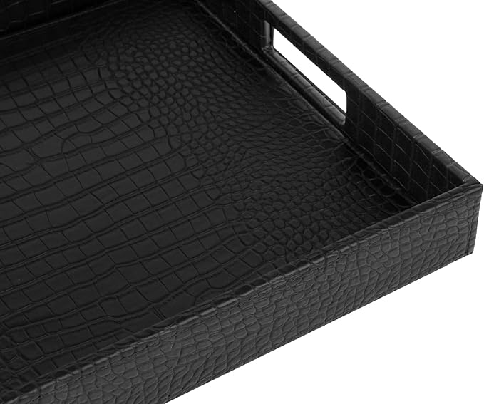 HofferRuffer Rectangle Serving Tray with Hole Handles for Coffee Table, Breakfast, Tea, Food, Butler - Countertop, Kitchen, Vanity Serve Tray, 16.2 x 12.2 x 2 inches, Faux Leather (Black Croco)