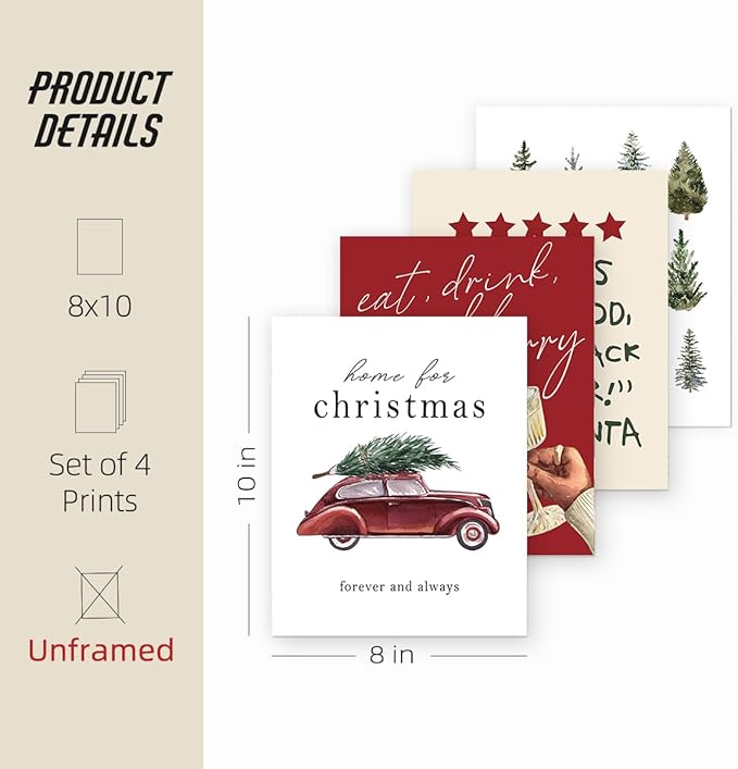 ETVISO Christmas Decor, Christmas Trees Wall Art Prints Set of 4, Retro Vintage Xmas Poster, Funny Winter Holidays Gift Print Decor for Gallery Living Room Bathroom, 8x10 (Unframed)