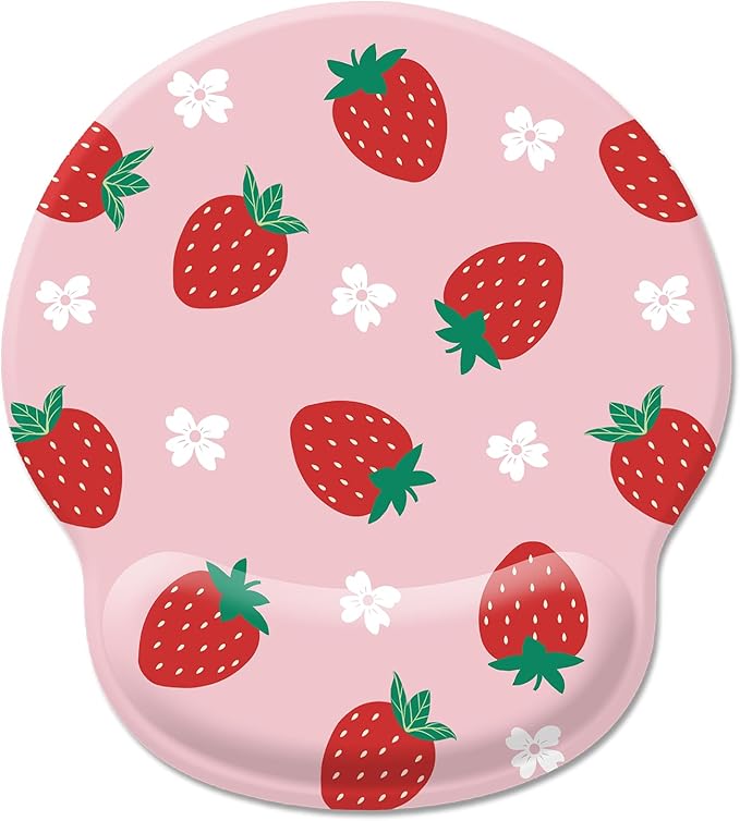 Pink Mouse Pad with Wrist Rest, Cute Strawberry Ergonomic Gel Mousepad Wrist Support, Computer Gaming Mouse Pad with Pain Relief Non-Slip PU Base for Desk Accessories Office Decor Supplies
