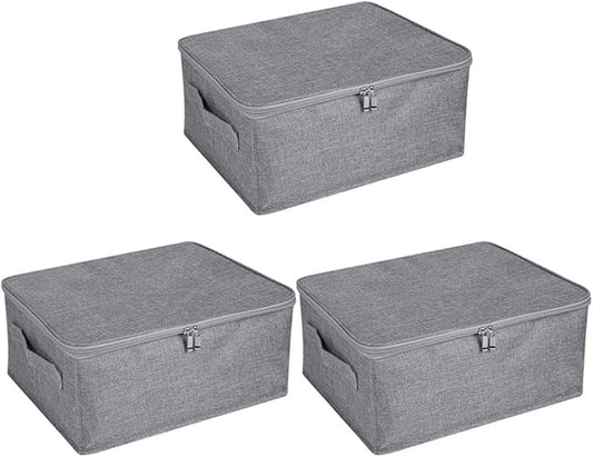 ANMINY 3PCS Storage Bins with Zipper Lids 13 Qt Lidded Fabric Storage Boxes Baskets Cubes with Handles Collapsible Washable Cotton Linen Closet Shelf Clothes Organizer Containers - Gray, Small