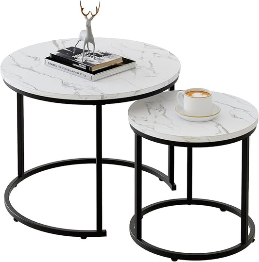 aboxoo Round Nesting Coffee Table Side Table Set of 2 End Tables for Living Room Bedroom Balcony, White Faux Marble Wooden Table Accent Coffee Table with Black Steel Frame