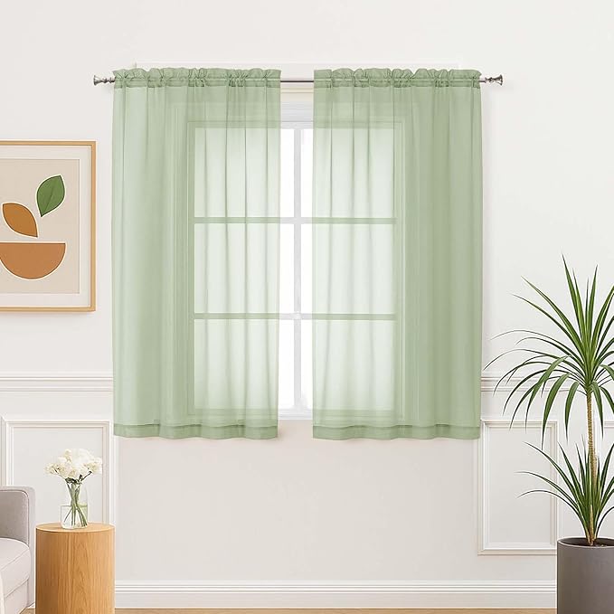 Aiyufeng Light Green Sheer Curtains 54 Inch Length 2 Panels Set for Living Room, Light Filtering Green Window Sheers Drapes for Bedroom, Each 42" W x 54" L