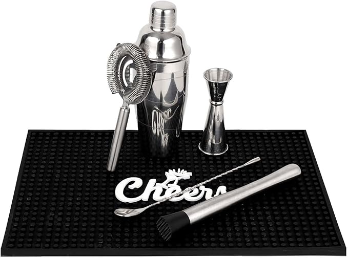 Lexenic Professional Starter Bartender Kit Cocktail Shaker Set,6 Piece - Home Bar Tool Set - Drink Mixer Kit with Accessory Tools: Bar Mat,Martini Shaker, Jigger, Strainer, Bar Spoon, Muddler (Kit E)