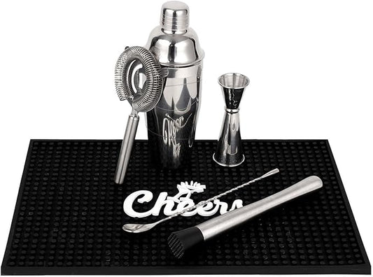 Lexenic Professional Starter Bartender Kit Cocktail Shaker Set,6 Piece - Home Bar Tool Set - Drink Mixer Kit with Accessory Tools: Bar Mat,Martini Shaker, Jigger, Strainer, Bar Spoon, Muddler (Kit E)