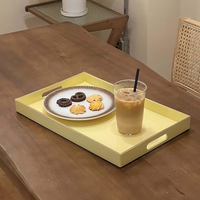 Zosenley Decorative Tray, Rectangular Plastic Tray with Handles, Modern Vanity Tray and Serving Tray for Bathroom, Kitchen, Ottoman and Coffee Table, 15.6" x 10.2"(Light Yellow)