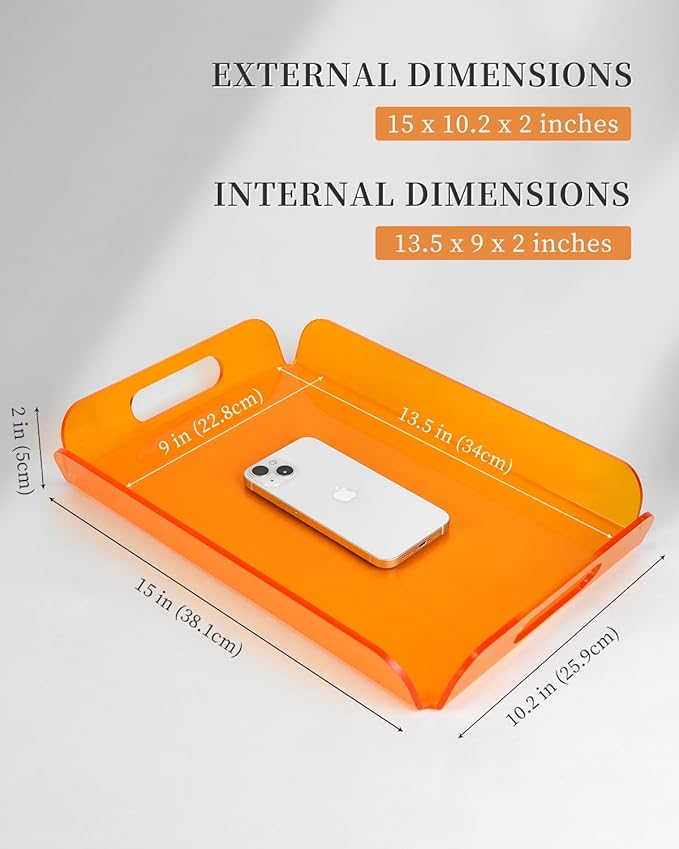 Translucent Orange Acrylic Tray 15x10.2 Inches - Stylish Serving Tray for Coffee Table, Kitchen, and Vanity - Durable and Modern Organizer