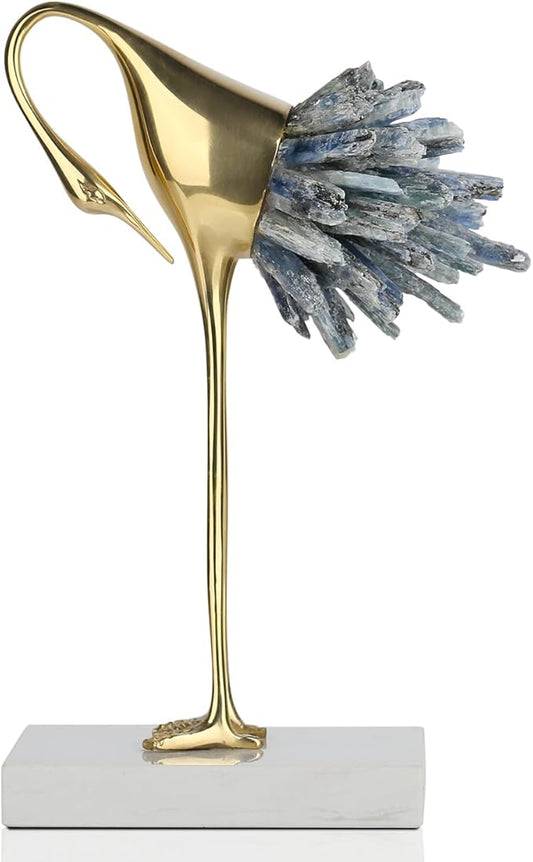 suruim Elegant Gold Crane Bird Statues with Crystal Tail Accents, Set of 3, Decorative Brass Figurines for Home Decor (Blue C)