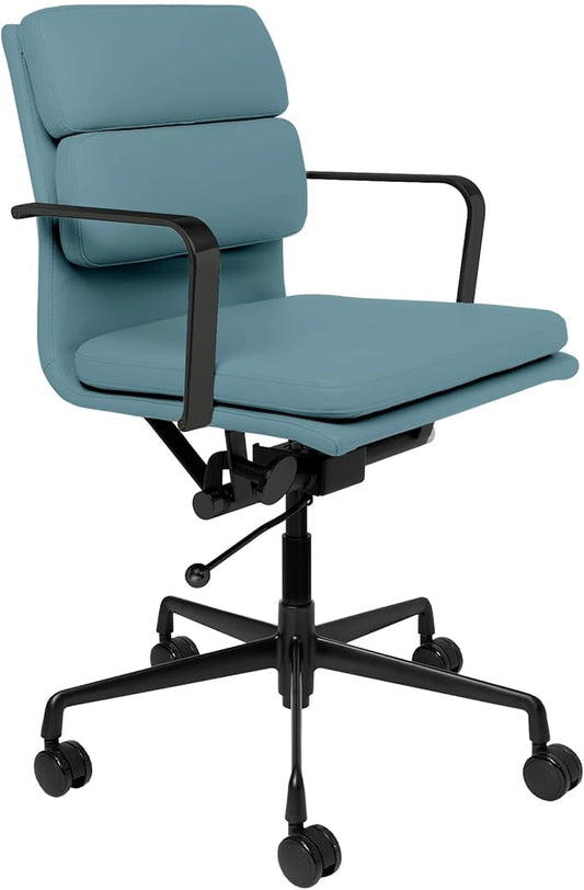 Laura Davidson Furniture SOHO II Padded Management Office Chair - Mid Back Desk Chair with Arm Rest, Swivel & Cushion Availability, Made of Faux Leather, Coastal Blue with Black Frame, Computer Chair