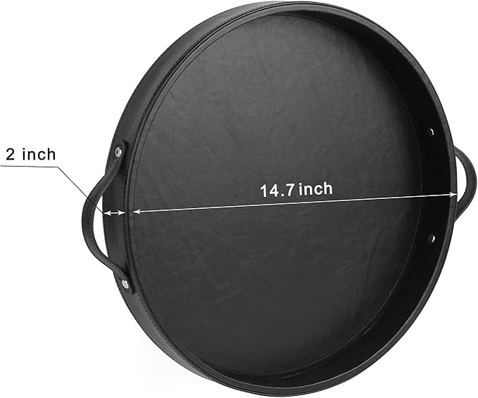HofferRuffer PU Leather Round Serving Tray with Handles, Decorative Catchall Vanity Coffee Tray, Faux Leather Ottoman Tray for Home Or Office, Diameter 14.6-inch (Black)