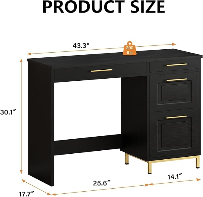 4 EVER WINNER Computer Desk with Drawers, 43 Inch Small Desk with Storage Shelves, Home Office Desk with Drawers for Small Space, Black