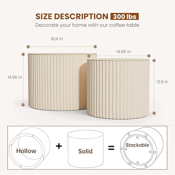 Nesting Coffee Tables Set of 2 Wooden Round Coffee Table Circle Nesting Table Space-Saving Design Modern Coffee Table Round Accent Tables Set for Living Room Bedroom Office (White B D18.9+D15)