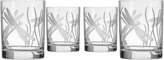 Rolf Glass Dragonfly Double Old Fashioned Glass | 13oz Whiskey Glass | Set of 4 | Lead-Free Etched Glassware | Proudly Made in the USA