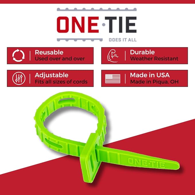 ONE TIE 8-Inch Reusable Zip Ties - Cable Management & Cord Organizer Zip Ties for Home, Office, and Industrial Use, Great for Gardening, Weather Resistant, Indoor/Outdoor Use, USA, 10pcs, Green
