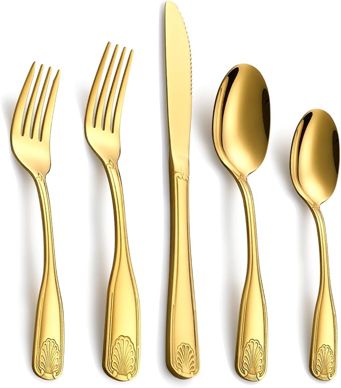 Gold Flatware Set for 4, Stainless Steel Silverware, 20-Piece Cutlery with Shell Design Pattern, Fork Spoon Knife Set, Dishwasher Safe