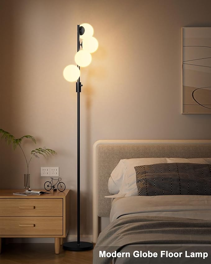 Lightdot 64IN Dimmable (Brightness Adjustable) Globe Floor Lamp, Black Standing Lamps with 4PCS 3000K G9 Bulbs Soft Warm White Eye Care, Mid Century Modern Floor Lamp for Living Room