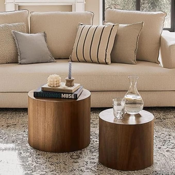 18.9”Round Nesting Coffee Table Set of 2,Wooden Circle Coffee and End Tables,Durable Accent Furniture,Modern Space-Saving Design for Small Living Rooms,Offices,No Assembling Needed,Walnut