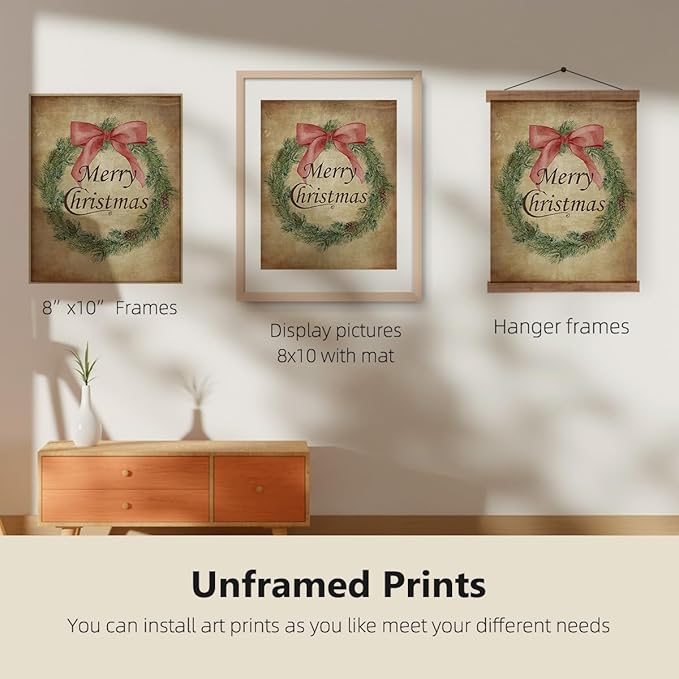 ETVISO Vintage Christmas Wall Art Prints Set of 4, Retro Christmas Trees Garland Poster, Winter Holidays Gift Print Decor for Gallery, Living Room, Bathroom, 8x10 (Unframed)