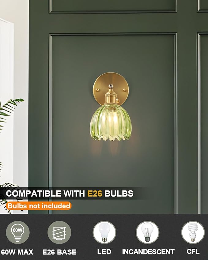 Plug in and Hardwired Wall Sconces, Luxury Vintage Tulip Crystal Glass Shade Wall Light with Switch for Bedside Bedroom Living Room (Tulip-Green, 1)