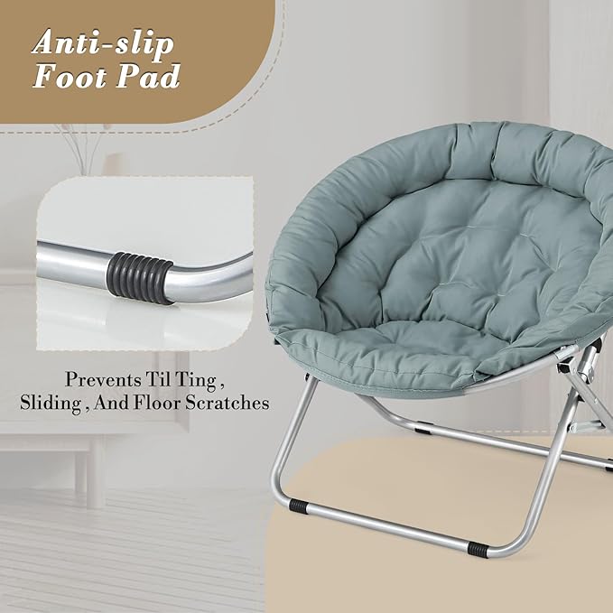 Athena Collection Comfy Saucer Chair Folding Cozy Chair for Bed Room Living Room Accent Chair Fabric Reading Chair Foldable Metal Frame Lazy Chair Moon Chair for Adult, Teal - Silver Stand