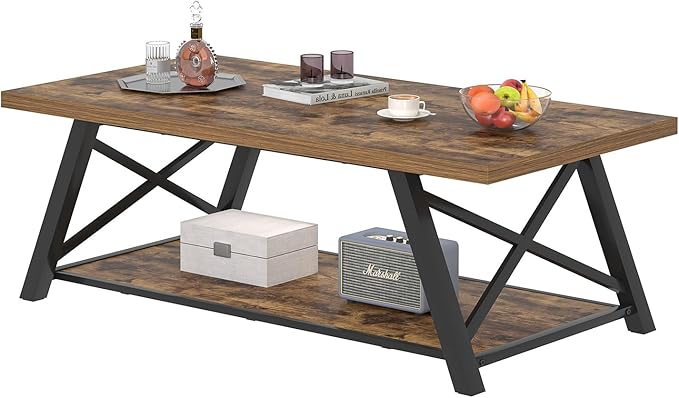 EXCEFUR Modern Coffee Table, Wood and Metal Living Room Center Table with Storage Shelf, Industrial Rectangle Cocktail Tea Table, Rustic Brown, 47 Inch
