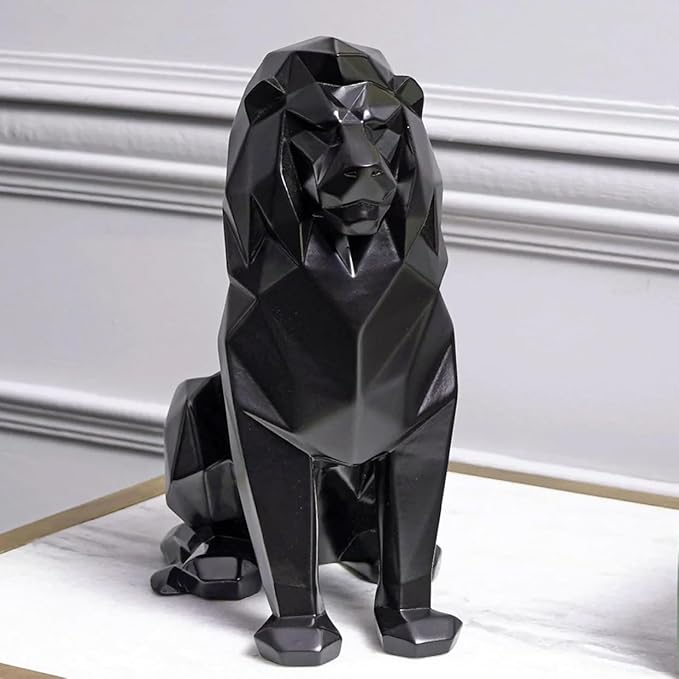 Black Lion Statue for Home Decor Geometric Style Sitting Black Lion Figurine Home Decorative Showpiece, Lion Idol for Office Decoration, Handmade Animal Statue Resin, Size 7.67 inch