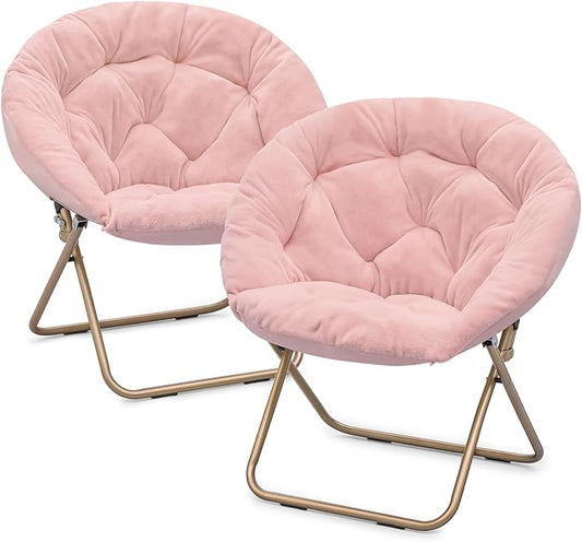Magshion Saucer Chair for Adults, Comfy Living Room Lounge Chair for Bedroom Corner, Dorm, Apartment, Faux Fur Fluffy Circle Accent Seat with Thick Padded & Folding Metal Frame (Pink, Set of 2)