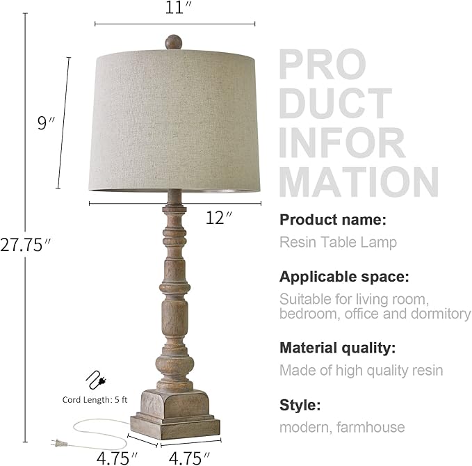 Oneach 27.75" Vintage Farmhouse USB Table Lamps Set of 2 for Living Room Bedroom Traditional Bedside Nightstand Lamp with Dual USB Port Resin Table Lamp with Rotary Switch for Living Room Bedroom